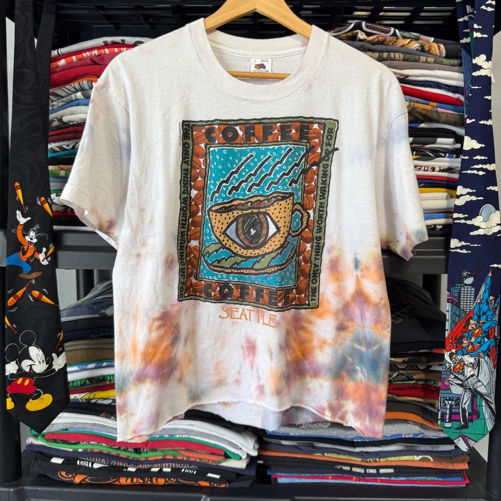 Vintage White Tie Dye Seattle Coffee Graphic T Shirt Size L Cropped